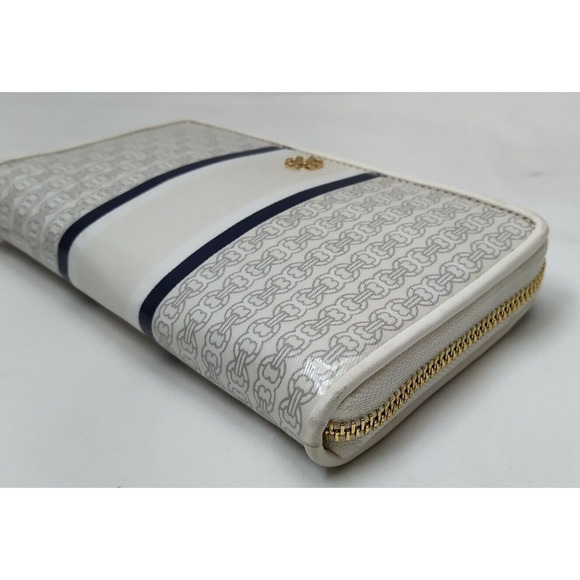 Tory Burch Gemini Ivory Gray Coated Canvas Link Stripe Zip Around Wallet - Picture 9 of 16